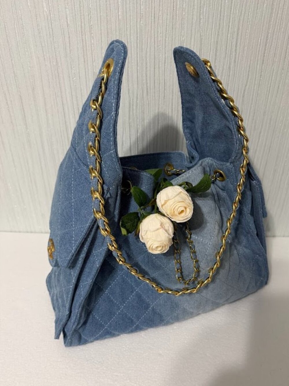 Denim Quilted Bucket Bag Gold Chain Strap Drawstring Shoulder Tote Blue Large